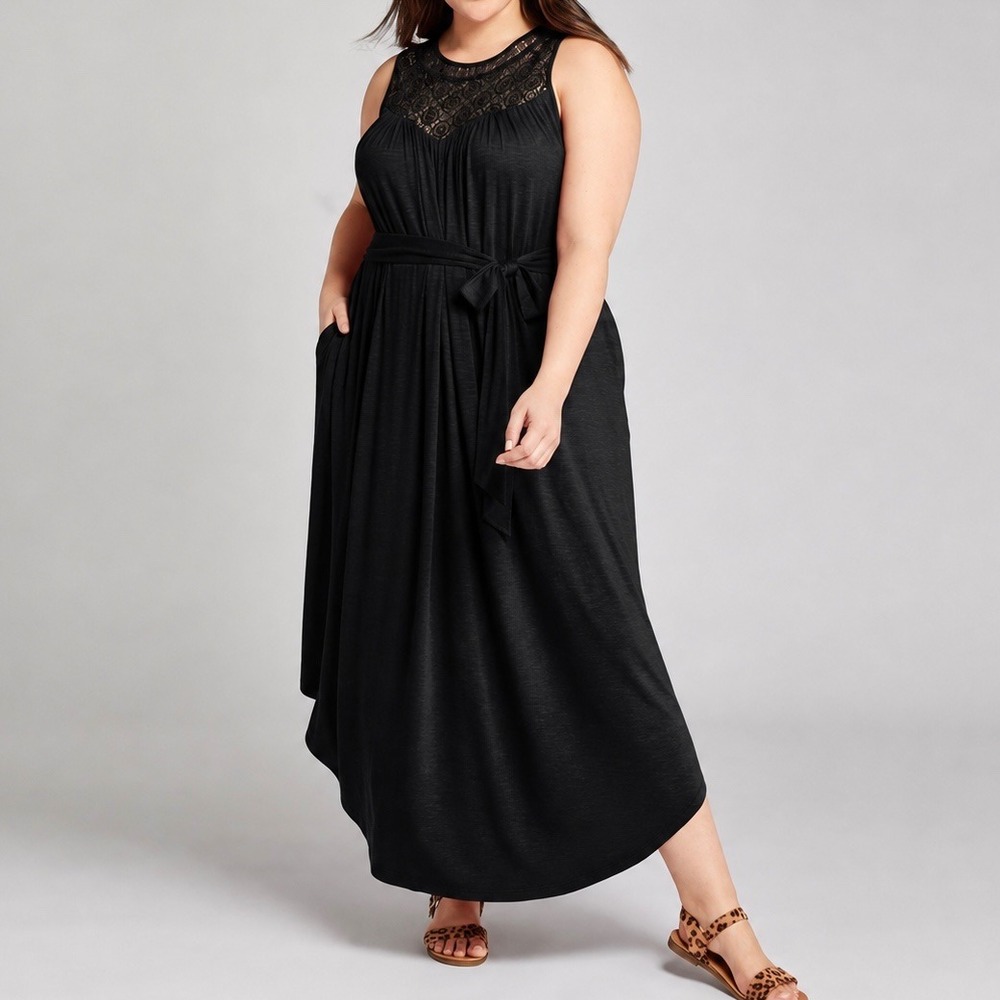 Lane Bryant Size 22/24 Maxi Dress Black Crochet Lace Sleeveless 3X Women Flowy